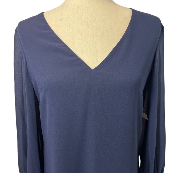 New Eliza J V-Neck Chiffon Long Sleeve Shift Dress Size 6 in Navy Blue - Picture 13 of 13